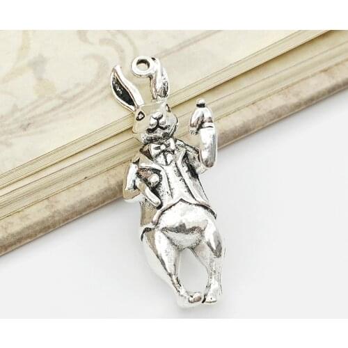 5pcs Alice Rabbit Charms 14mm x 36mm DIY Jewelry Making Pendant antique silver color