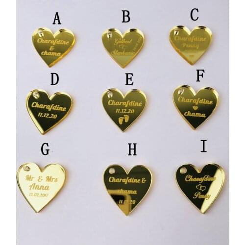 50pcs Custom Mirror silver gold Heart Label Tag Personalized MR MRS Wedding party souvenirs Table Decoration Centerpieces Favors