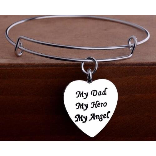 Bespmosp 12pcs/Lot Wholesale Trendy Pendant My Dad My Hero My Angel Love Heart Bangle Charm Bracelet Family Fathers Gift