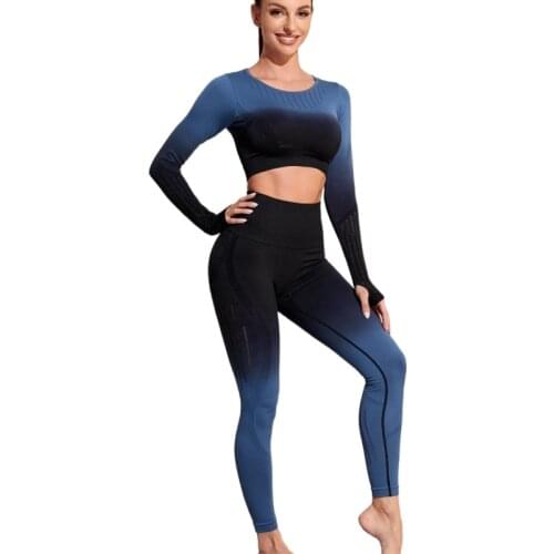 Seamless Yoga Set Sportswear Gym Sets High Waist Yoga Pants Long Sleeve Crop Top Wear for Women Fitness Sports Suit