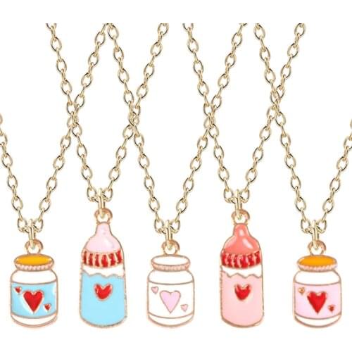 Bohemian Fashion Girl Necklace Cartoon Baby Bottle Carving Red Heart-shaped Pendant Alloy Temperament Female Jewelry Gift Hot