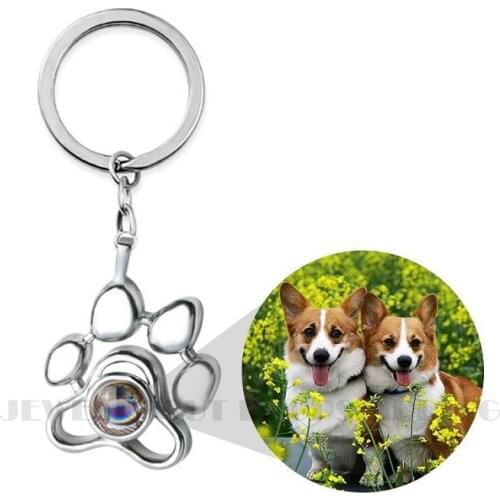 Customize Pet Photo Pendant Keychain Footprints Cat Dog Paw 100 Languages I Love You Projection Keychain Memory Jewelry