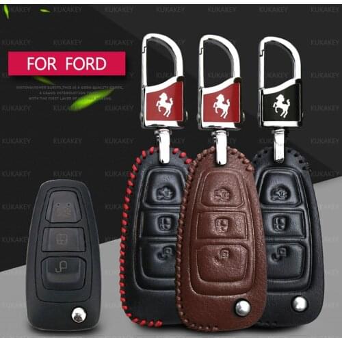 Leather Car Key Cover Case For Ford Mondeo Focus Fiesta Ecosport Kuga Transit Car Accessories Flip Folding Remote Key Shell