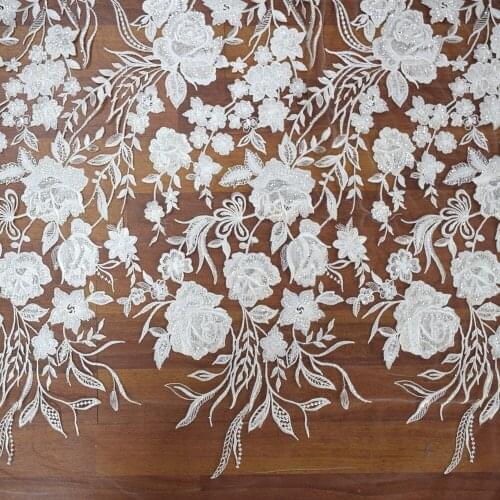 French White Bridal Rose Flower Tulle Lace Sequence Fabrics For Wedding HY0883