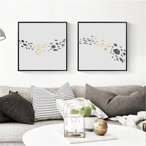 HAOCHU Nordic Canvas Painting Square Posters Small Fishes in Lines Black and Yellow Fishes White Background Simple Fresh Style