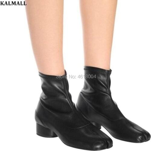 KALMALL Tabi Boots Women Black Ankle Booties Chunky Heels Split Toe Black Shoes Slip on Chelsea Botas Mujer