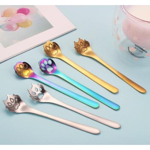1Pc 304 Stainless Steel Creative Gold Dog Cat Paw Claw Hollow Spoon Stirring Spoon Tea Coffee Dessert Spoons Cute Kitchen Tools