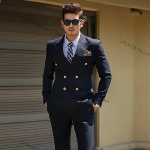 TPSAADE Mens Black Double Breasted Korean Slim Fit Suit Gentleman Suit Business Groom Wedding Dress (Top Jacket + Trousers)247