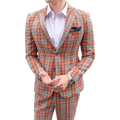 2021 Men Plaid Business New Tuxedo Groom Dress Suits trousers / Male Fashion Casual Wedding Blazers Jacket Pants 2 Pieces Set