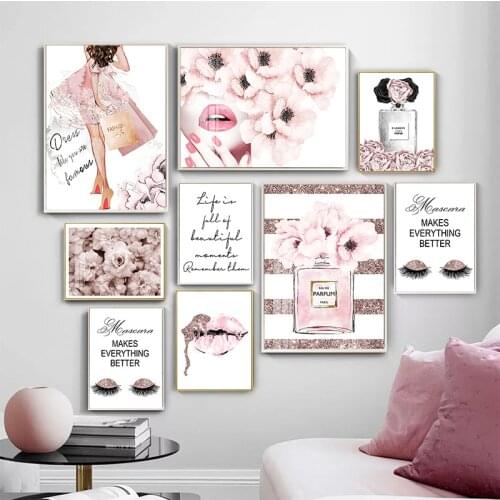 Wall Picture Pink Flower Perfume Fashion Women Flower Poster Eyelash Lips Makeup Print Art Canvas Painting Girl Room Home Decor