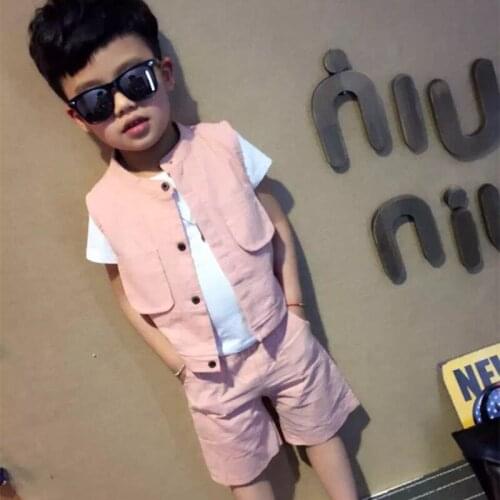 DFXD 2017 New Children Boys Clothing Set Summer 3pc Set Cotton White Short Sleeve T-shirt+Pink Vest Coat+Pant Kids Outfits 2-7Y