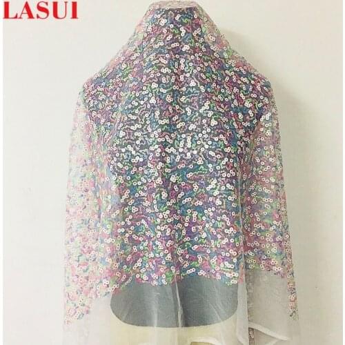 LASUI NEW Sequins LACE Fabric colourful 1y/lot white mesh transparent breathable full Dress evening Clothes DIY accessory Q040