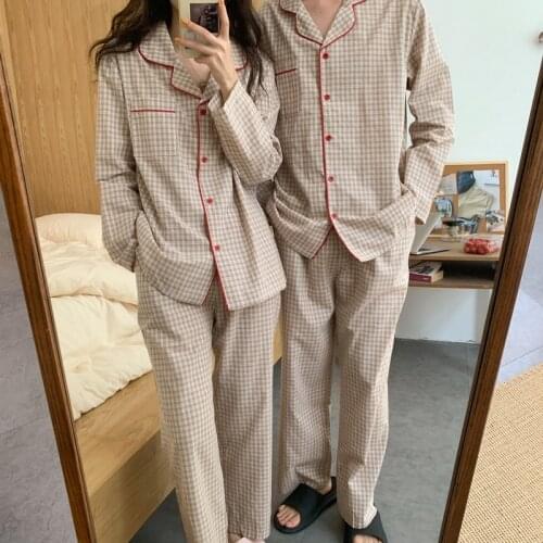 Cotton mens autumn winter plaid long sleeve pants pajamas set women sleepwear vintage trousers couple set home clothes L438