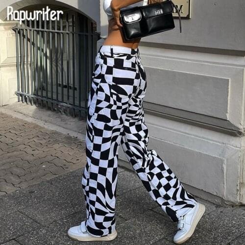 Rapwriter Y2K Checkerboard Jeans Stylish Straight Pocket Vintage High Waist Cargo Pants Chic Women Pants Harajuku Streetwear 90s