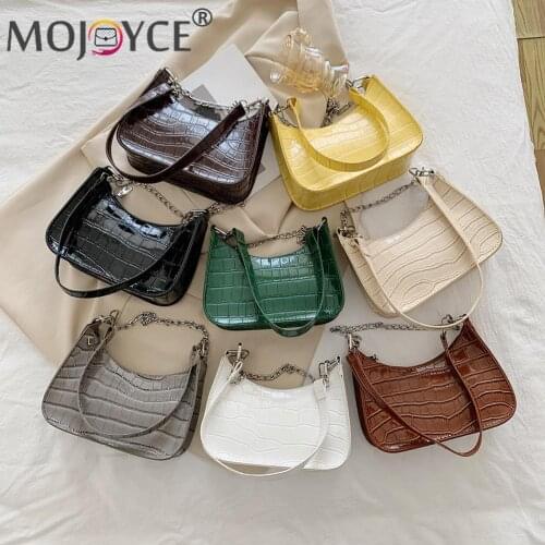 Women Casual PU Leather Thick Chain Handle Bag Retro Alligator Pattern Shoulder Underarm Purse Portable Solid Color Hobo Handbag