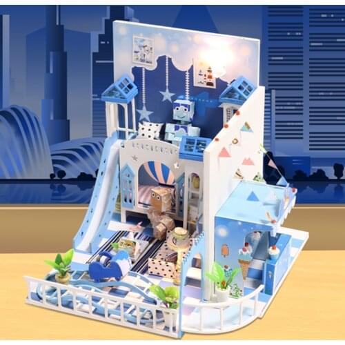 Romantic Blue Doll House DIY 3D Miniatures Dollhouse Furniture Kit Toys Children Mini Prince Wooden House Assemble Toys For Kids