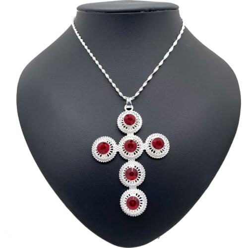 Silver Color Cross Red Stone African Dubai Pendant for Women fashion Necklace Wedding African Nigeria Ethiopian Kenya Jewelry