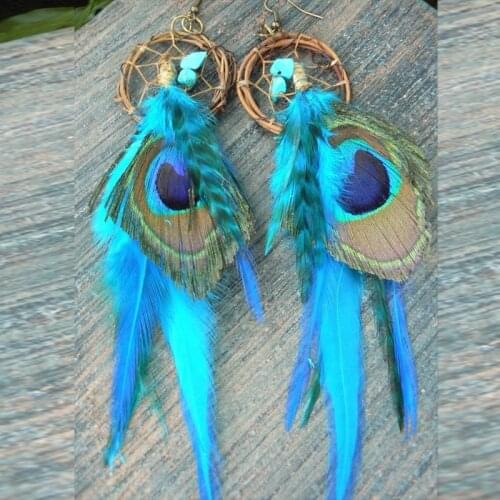Peacock earrings dreamcatcher earrings turquoise feather earrings in tribal inspired tribal fusion boho belly dancer