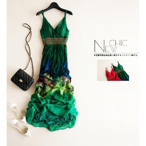 Tcyeek Real Silk Dress Women Summer Boho Dresses Vintage Sexy Strapless Maxi Vestidos Elegant Ladies Print Beach Party Dresses