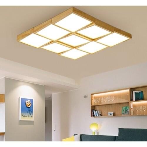 Ultra-thin LED Ceiling Lamp in Square for Living Room 1/4/6/9 Heads Wooden Eye Protection Lights for Study Master Bedroom Tatami