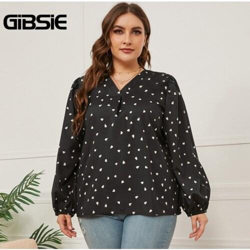 GIBSIE Plus Size V Neck Heart Print Women Blouse Shirt 4xl xxxl Office Casual Long Sleeve Tops Female Blouses 2021 Autumn New
