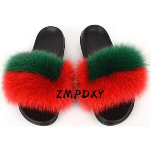 Womens Summer Fluffy Slippers Childrens/Kids Raccoon Fur Slides Cute Plush Fox Hair Fluffy Sandals Ladies Vogue Plush Shoes
