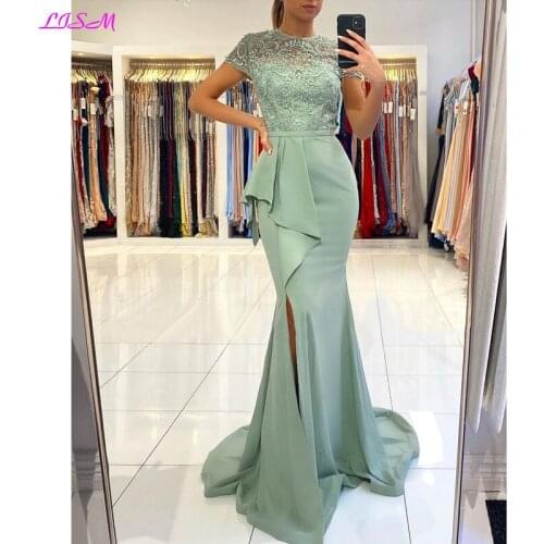 Mermaid Satin Evening Dress 2020 O-Neck Cap Sleeves Woman Lace Formal Prom Dresses Sexy Side Split Long Party Gowns