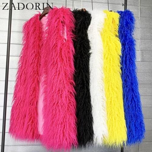 ZADORIN High Street Winter Long Fluffy Faux Sheep Fur Vest Women Korean Fashion Candy Color Sleeveless Faux Fur Jacket Rose Pink
