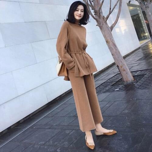 2018 Autumn Winter Office Women kintted Set Runway 2 Piece set Fashion Casual Pants Suit top+Pants wool blends Knit suit set