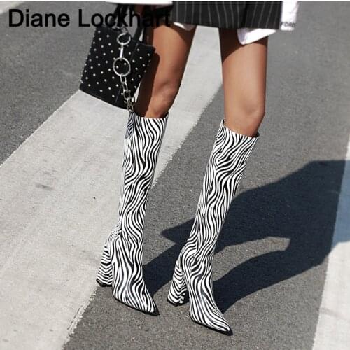 Brand Women Knee High Boots Zebra print Thigh boots High Heels Faux Leather Pointed Toe Autumn Winter Long boots Womens Shoes
