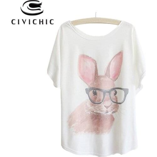 CIVI CHIC Summer New Lovely Bunny Tops Bat Wing Sleeve Women T-shirt Fat Rabbit Printed Cotton Tees O Neck One Size Tshirt WST55