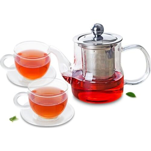 Flower Tea Pot w/ Stainless Steel Filter & 2PC Teacups & 2PC Glass Saucers