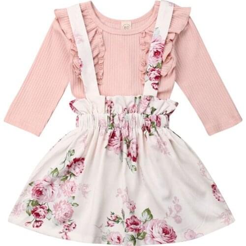 Kids 2019 Flowers Fashion Clothes Spring Fall Baby Girls ruffles T shirt top+Floral Suspender Skirt Bowknot Outfit Beauty boho