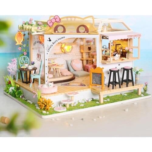 DIY Hut Leisure Cat Coffee Back Garden Handmade Small Doll House With Light Toys for Children Birthday Gift