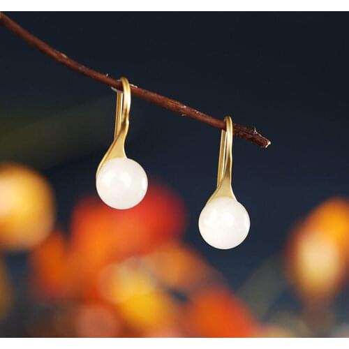 Natural Hetian Jade S925 Sterling Silver White Jade Earrings Simple Gilding Earrings Womens High Sense Elegant Graceful Ear Rin
