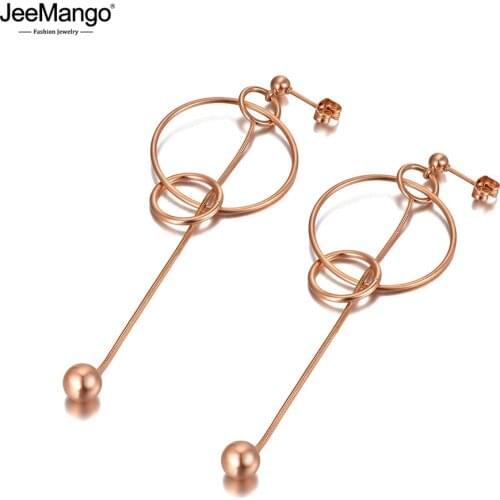 JeeMango Trendy Titanium Stainless Steel Double Circle Tassel Drop Earrings For Women Bohemia Geometry Dangle Earrings JE20059