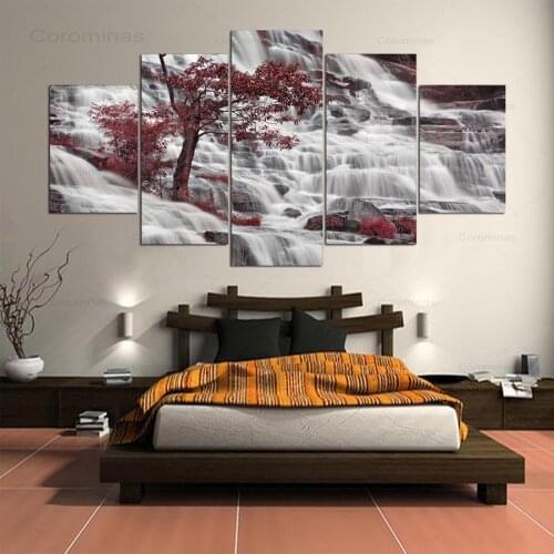 Canvas Painting Living Room Wall Decor 5 Panel Waterfall Landscape Poster Red Tree Unframed In Modular Print Cuadros Decoration