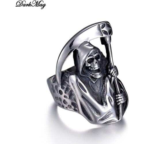 DarkMag 2020 New Fashion Vintage Death Hip Hop Punk Rock Stainless Ring for Men Women Luxury Grim Reaper Rings Jewelry Wholesale