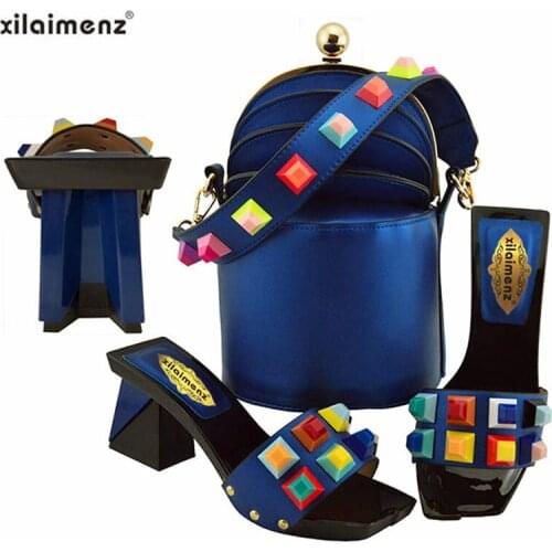 Square Heels Nigerian shoes and bag set Italian shoe with matching bag best selling ladies matching shoe and bag in Royal Blue
