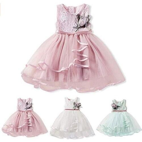 Cute Princess Kids Baby Girl Rose Flower Dress Sleeveless Ribbon Belt Dress Pageant Lace Mesh Tutu Dress Green Pink White 6M-5Y