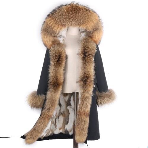 NEW 2020 Oversized Coat Womens Winter Jacket X-Long Real Rabbit Fur Liner With Big Raccoon/Fox Fur Collar Hooded Parkas Casual