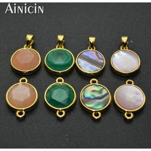 New Arrival Natural Semi-precious Stone Faceted Round Coin Shape Connectors Green malachite Rainbow Shell Connections 5pc/lot