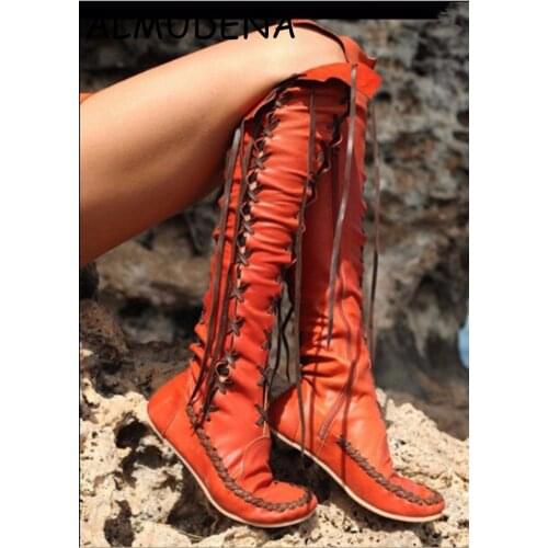 Solid Lace-up Fringe Flat With Knee High Boots Red Orange Purple Confortable Casual Rome Style Shoes