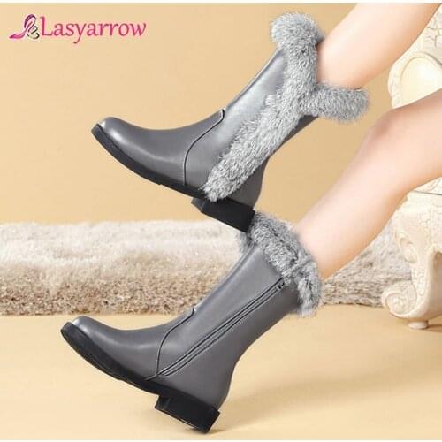 Lasyarrow Winter Women Snow Boots Warm Mid-calf boots round toe mid heel non-slip Zipper Casual Rabbit hair shoes women boots