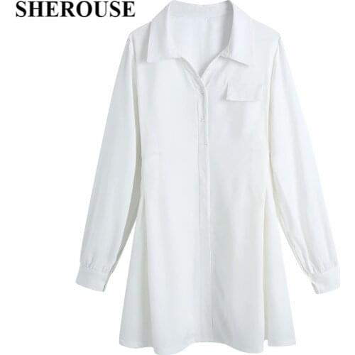 SHEROUSE 2021 Women Fashion Single Breasted Solid Mini Shirt Dress Long Sleeve Lapel Neck Vintage Female Dresses Femme Robe