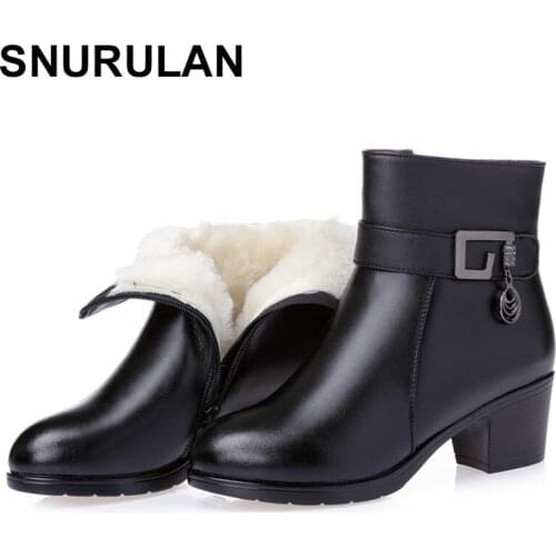 SNURULAN Womens Boots Shoes new winter thick wool fur lined genuine leather woman boots large warm ladies ankle booties black