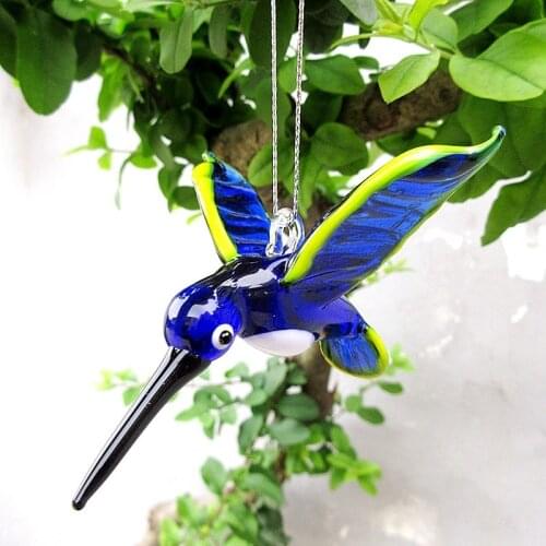 Custom Hanging Glass Bird Craft Ornament Dark Blue Handmade Hummingbird Figurine Cute Vivid Animal Pendant For Home Garden Decor