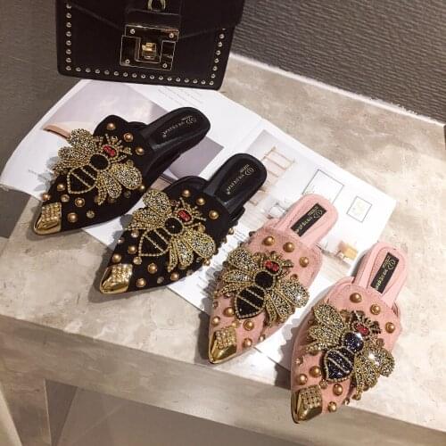 Fashion Women Slippers Rhinestone Bow Design Slippers Slip On Flats Heeled Pink/Black Fashion Slides Outdoor Slipper Size 35-40