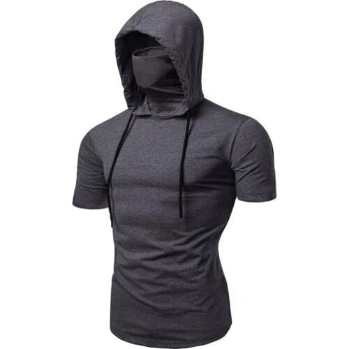 Cross-Border European and American Summer Mens Hot Cool Elastic Fitness Mens Ninja Clothes Hooded Short-Sleeved T-shirt Mask
