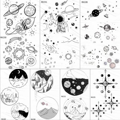 OMMGO Astronaut Star Universe Tattoos Temporary Finger Neck Fake Tattoo Sticker Planets Round Tatoos Body Art Arm Small Outspace